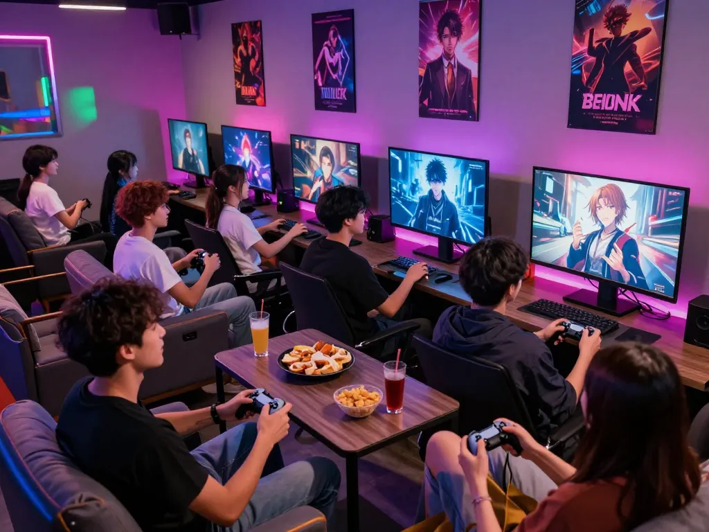 Diverse friends enjoying an interactive porn game in a vibrant lounge setting with neon lights.