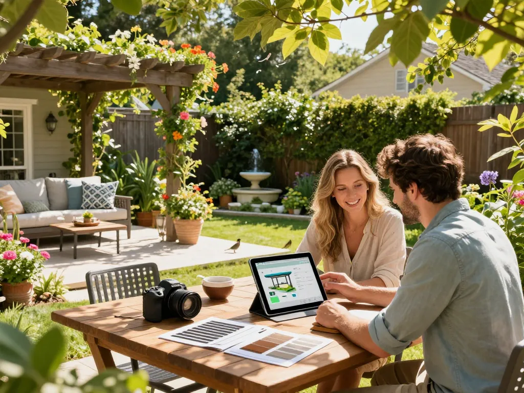 Couple using a pergola configurator in a vibrant garden setup