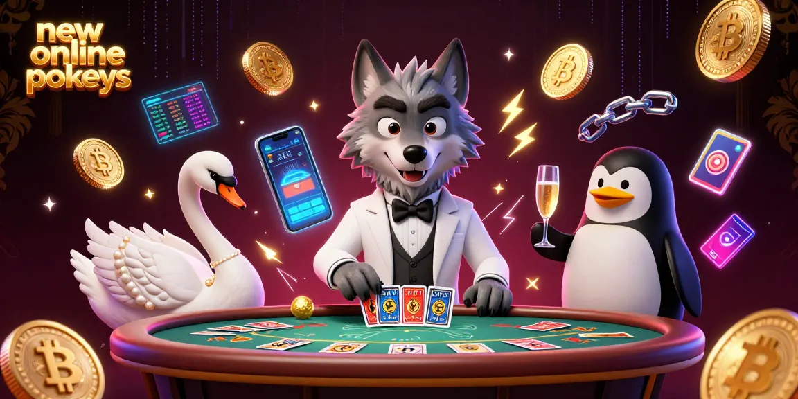 Engage with new online pokies in a vibrant 3D casino scene featuring a debonair wolf and elegant characters.