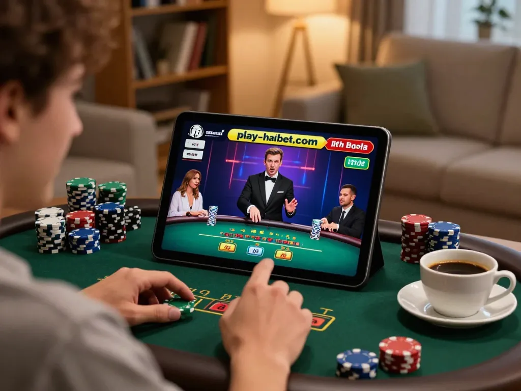 Engaged player experiencing live dealer game on https://play-hbet.com/, surrounded by poker chips and excitement.