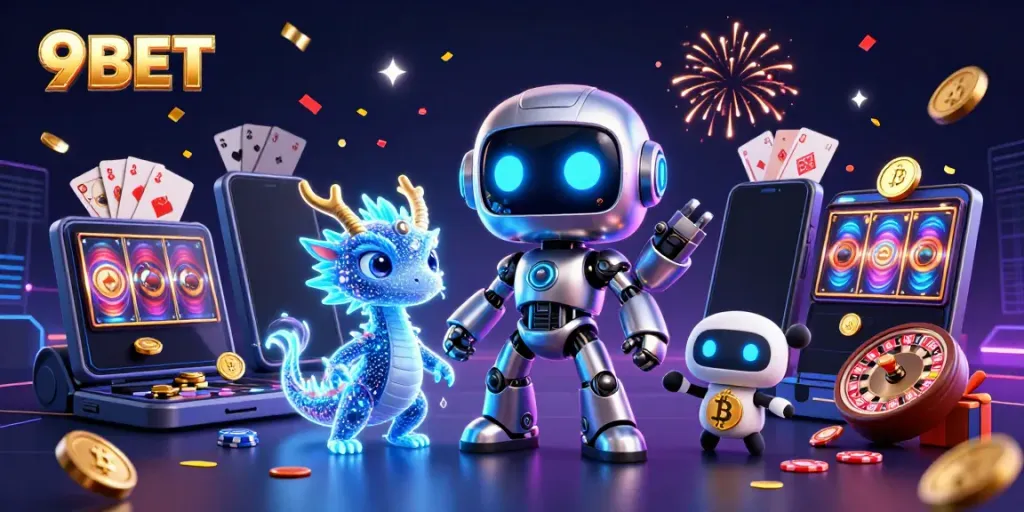 Experience thrilling gaming at 9BET with colorful slots and dynamic characters in a captivating digital scene.