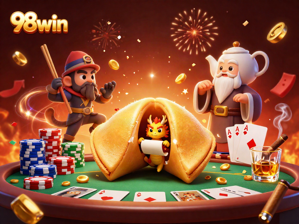 Engage with 98win's vibrant casino atmosphere featuring a golden fortune cookie, poker elements, and dynamic characters