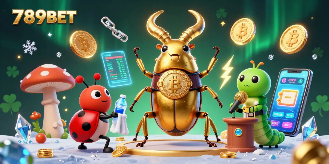 Engage with 789BET's vibrant scene featuring a boxing beetle champion, crypto coins, and energetic gaming atmosphere.