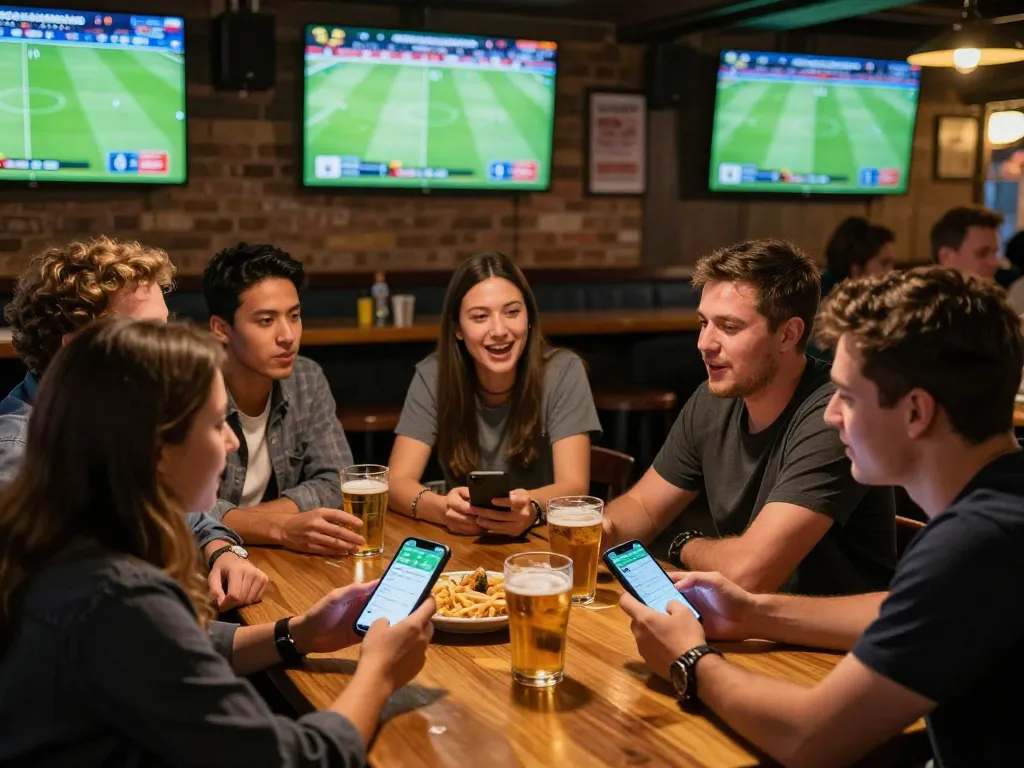 Kèo nhà cái 5 in action with sports bettors analyzing live games in a vibrant sports bar atmosphere.