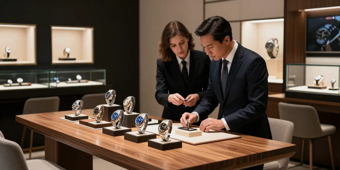 Showcase of rolex replica watches highlighting luxury craftsmanship and elegant design in a sophisticated showroom.