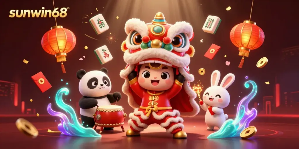Experience vibrant gaming excitement with sunwin68's festive lion dance illustration, drumming panda, and fireworks.