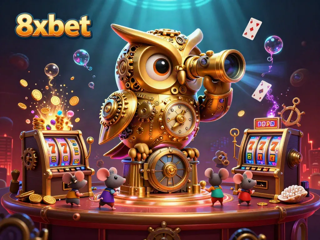 8xbet offers an exciting gaming experience with a 3D vibrant casino scene populated by animated characters.