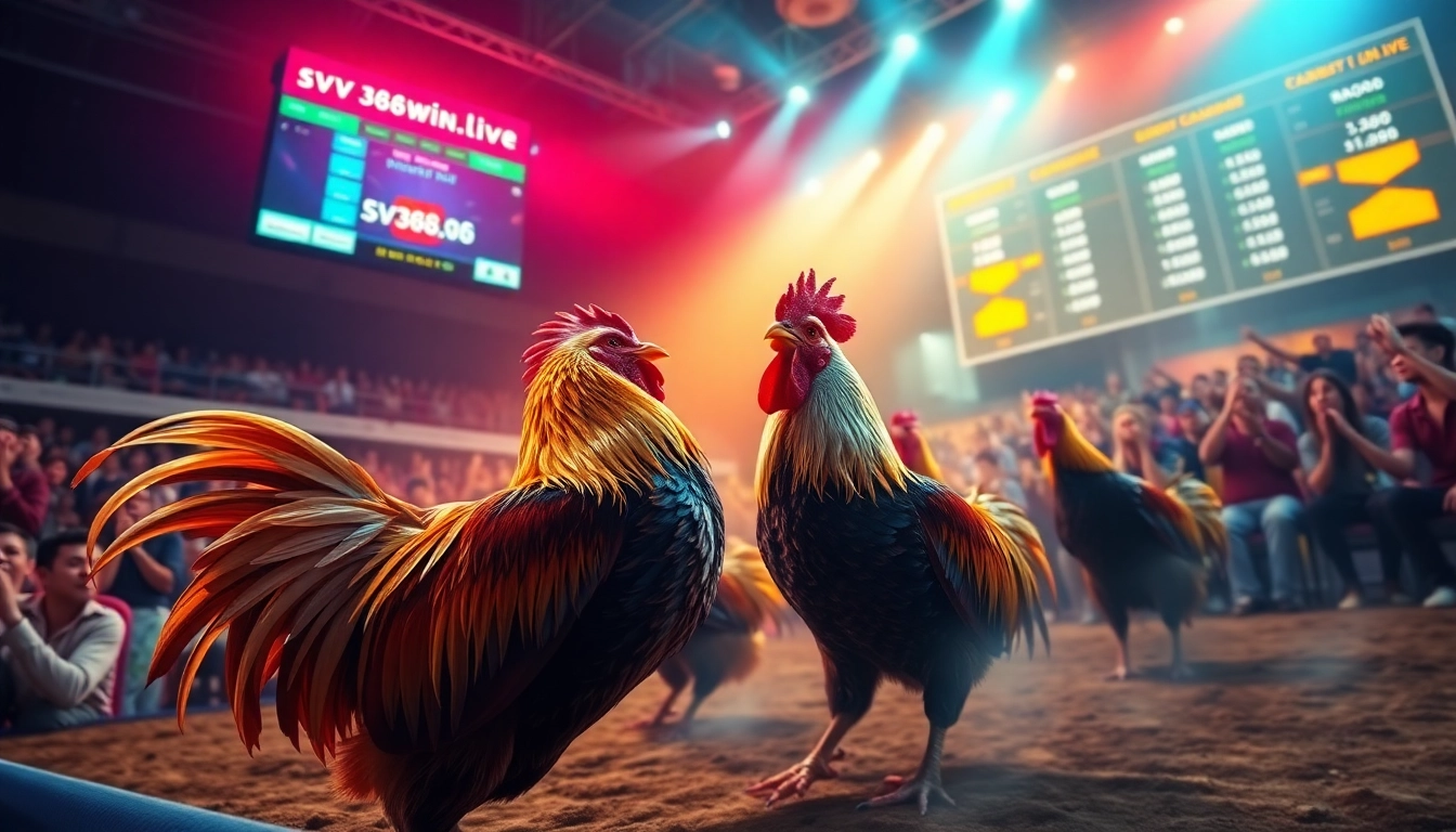 Live cockfighting action at sv368win.live with an engaging audience and dynamic betting atmosphere.