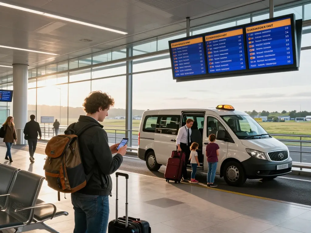 Leeds airport transfers in action, travelers securing a taxi for their journey at Leeds Bradford Airport.