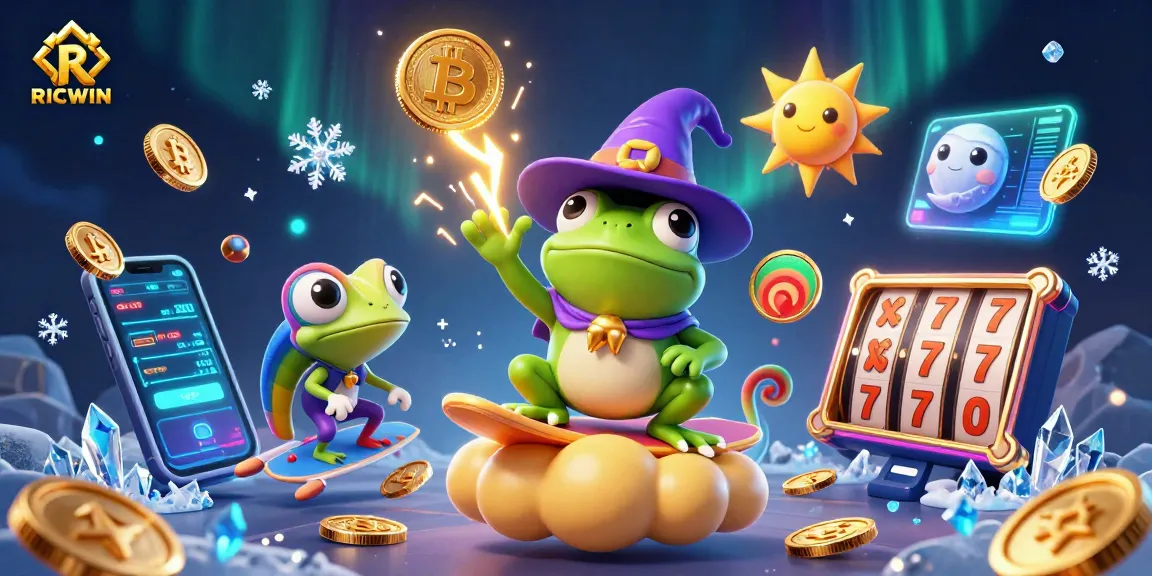 Join the RICWIN excitement with a 3D wizard frog and chameleon in a booming golden coin storm.