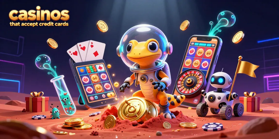 Engaging Martian gecko discovering casinos that accept credit cards in a vibrant, colorful scene.
