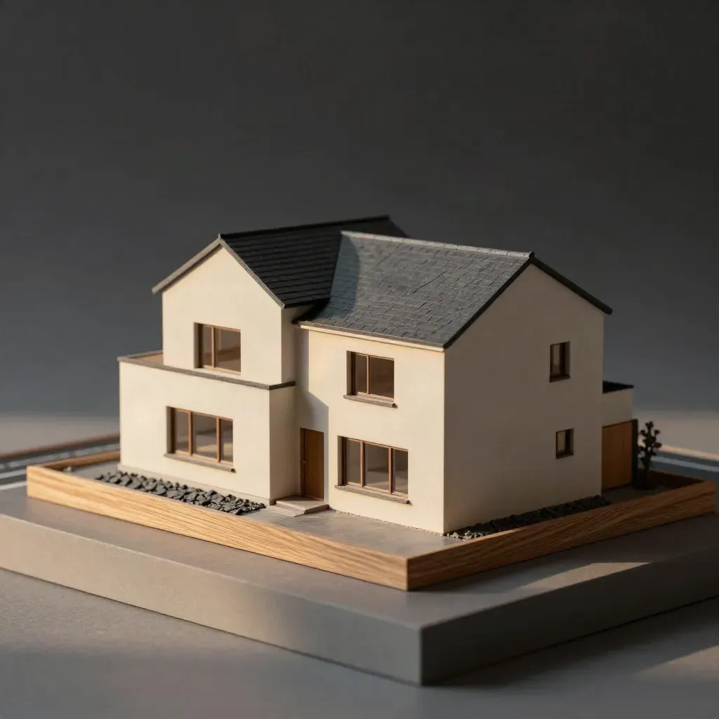 Architectural site model of a modest house expansion on a dark studio plinth with slate roof volumes.