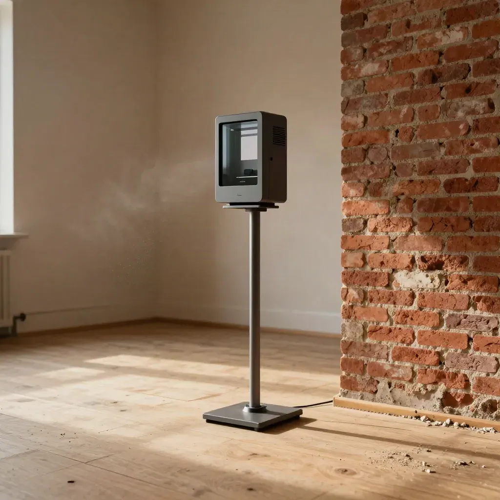 Laser scanner on a survey stand in a raw brick shell room with timber floor and dust in sun