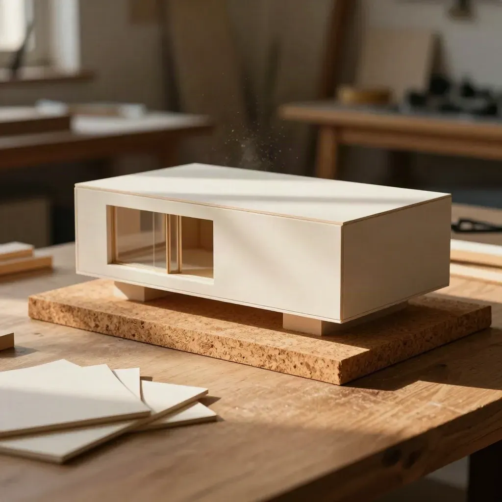 Chipboard extension massing model on cork base with clay blocks and plaster swatches in warm side light