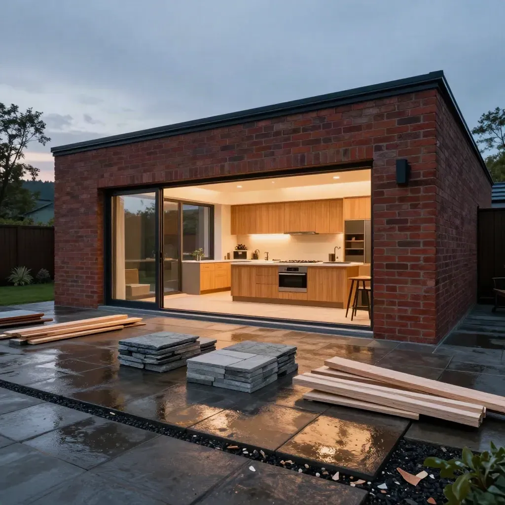 Brick rear extension glows at blue hour with oak kitchen, model pieces, stone samples and timber offcuts.