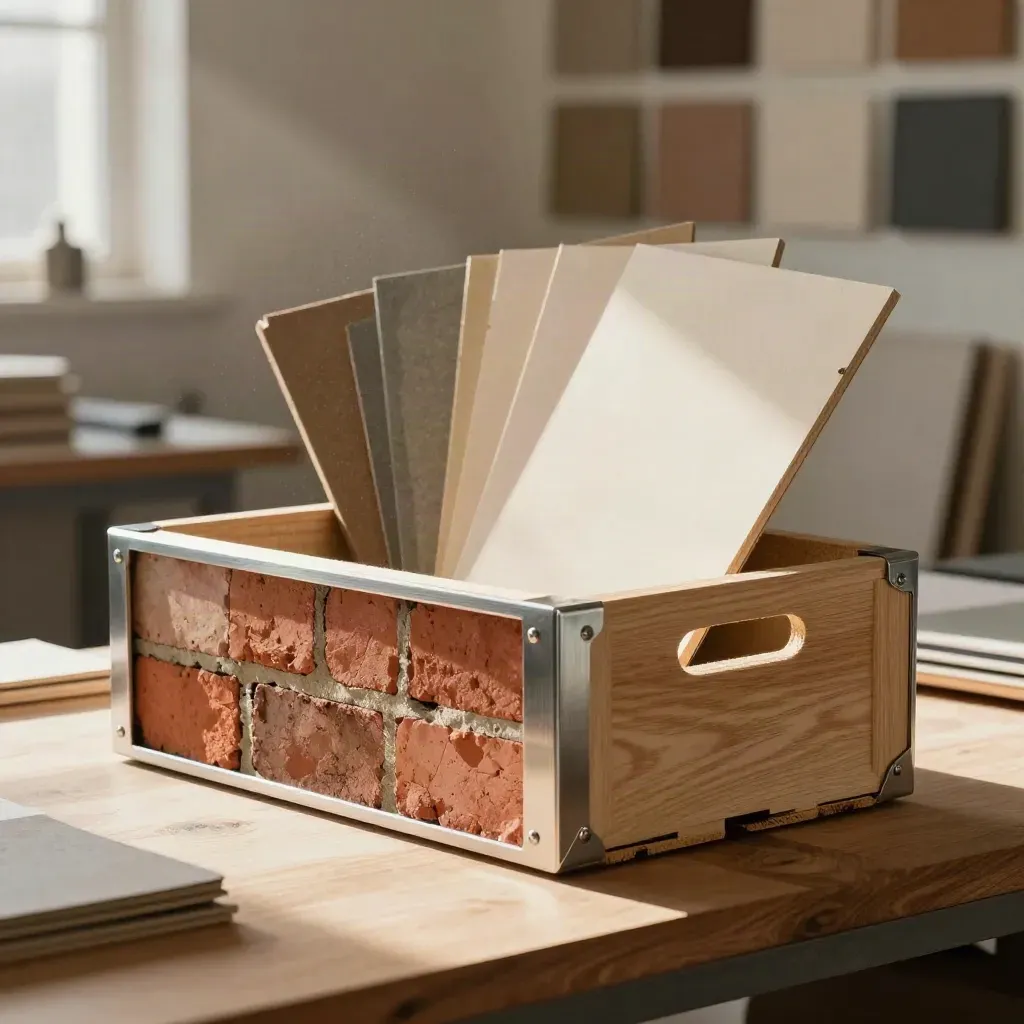 Brick slips, oak veneer and metal trims fanned in a shallow crate on a sunlit workbench.