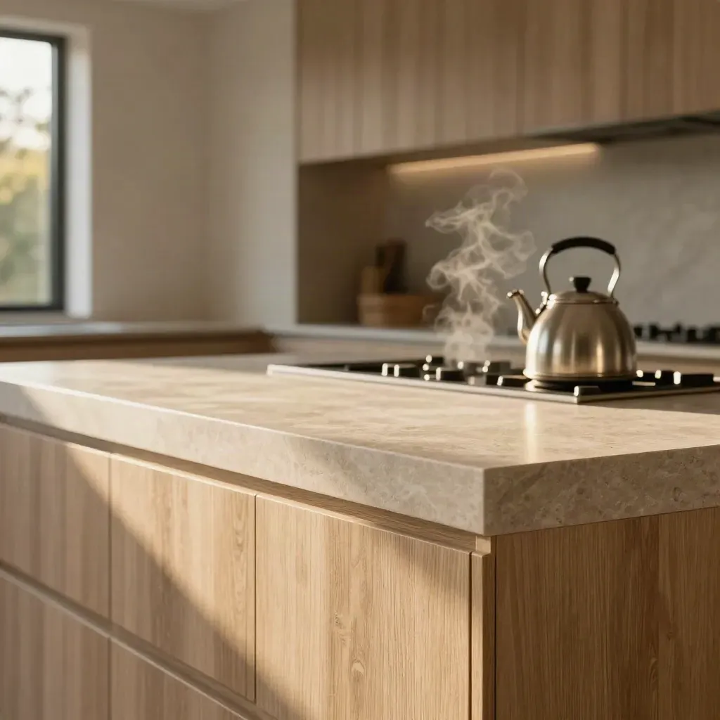 Macro of a sunlit kitchen island edge with oak cabinetry and steam by slim-framed glazing.