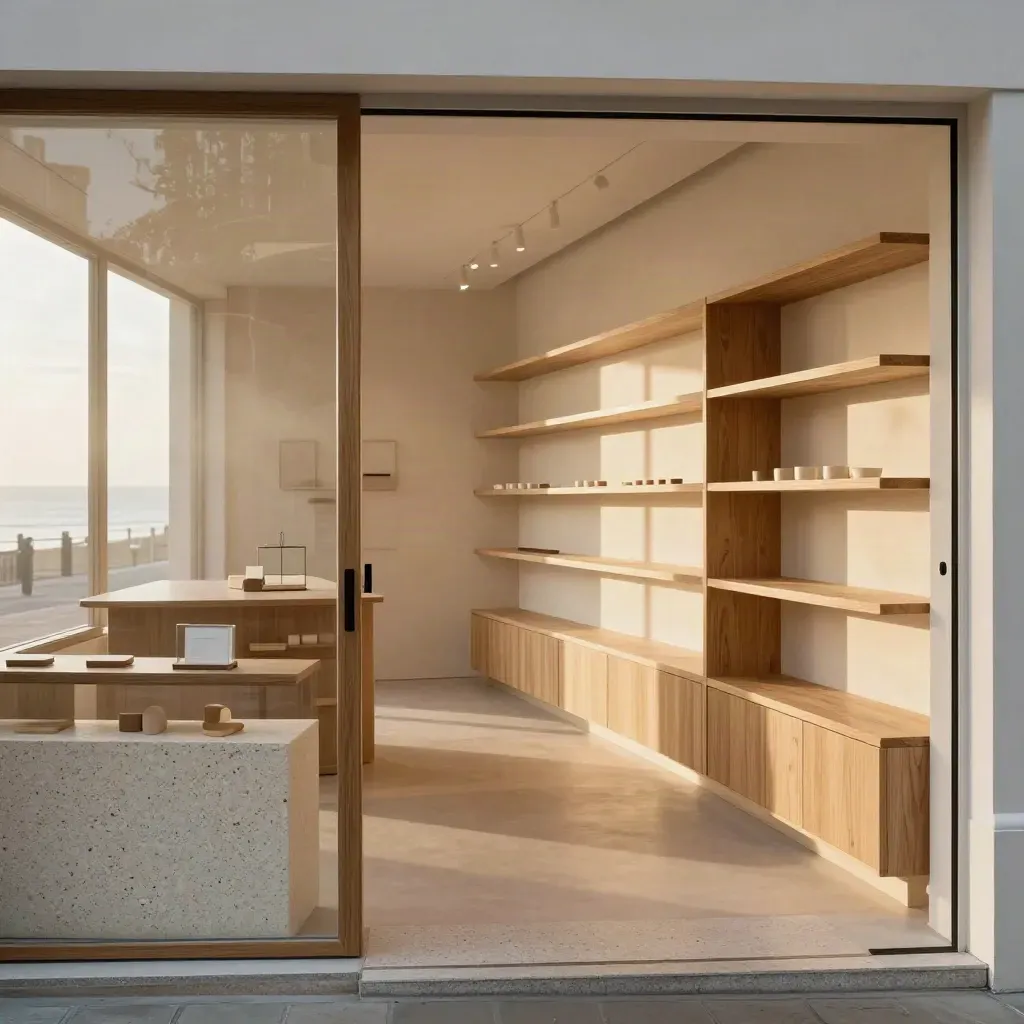 Empty refurbished boutique interior with terrazzo counter, oak shelves and morning light