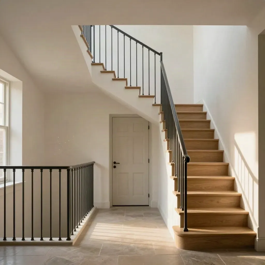 Split stair hall with paired front doors, oak thresholds, and graphite details in a finished duplex.