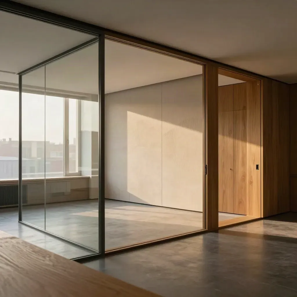 Empty three-room office suite with glazed partitions, acoustic panels and warm oak joinery.