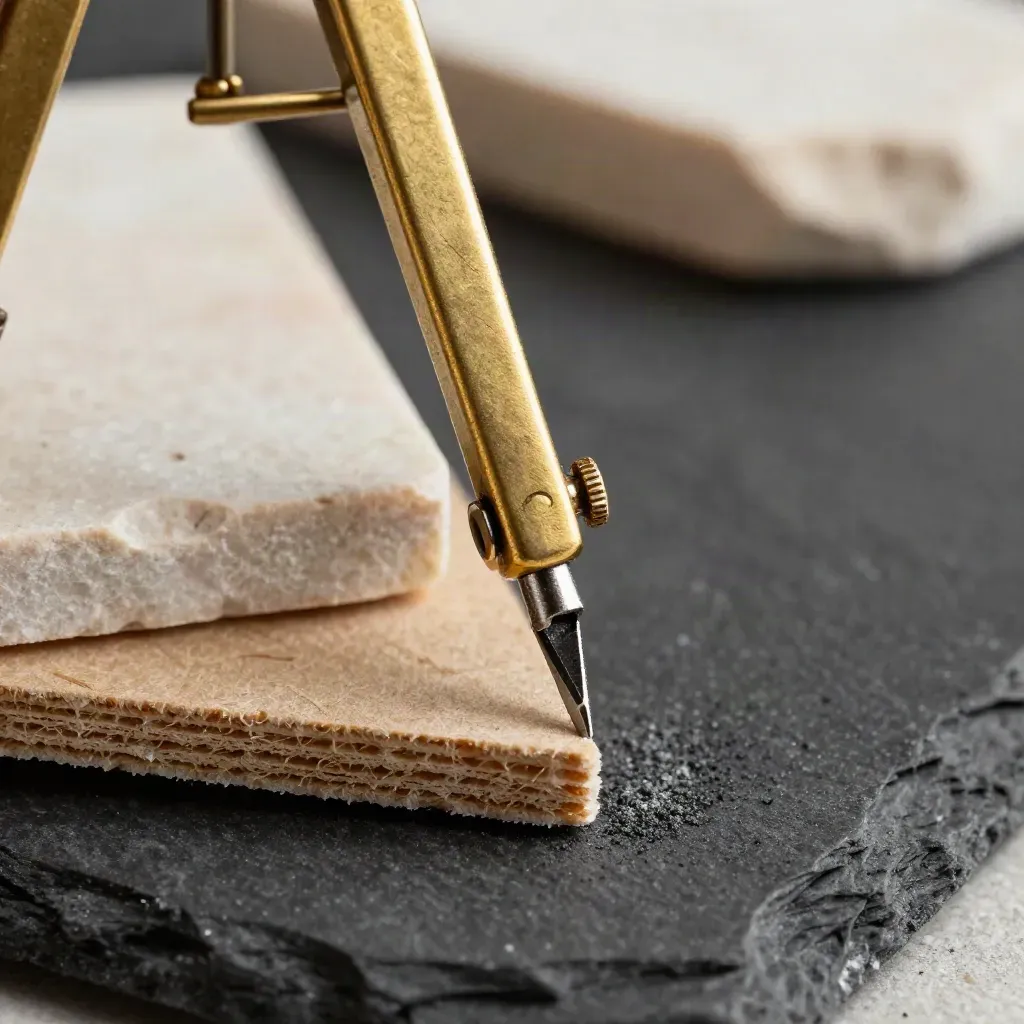 Brass drafting compass touching a chipboard model corner beside a stone sample on black slate.