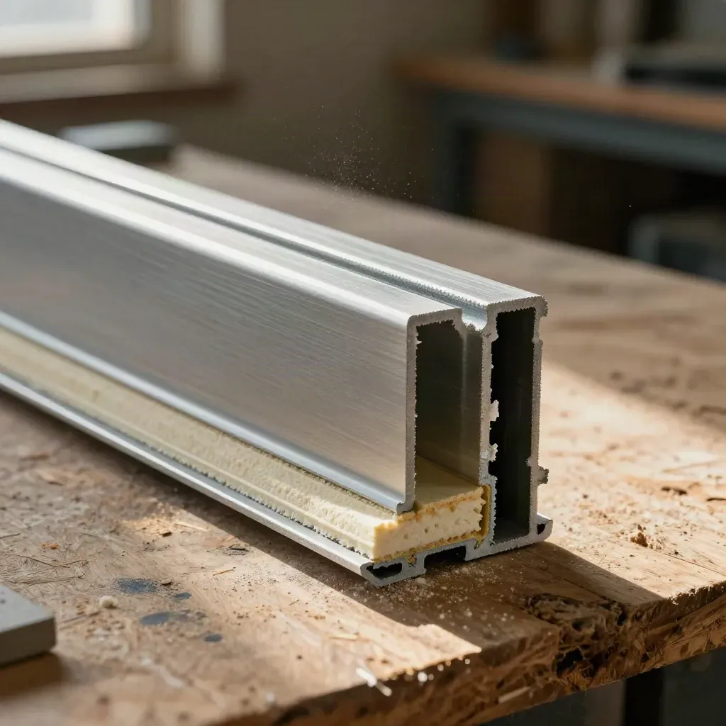 Aluminium profiles, a corner bead sample and insulation layers on a dusty workshop bench.