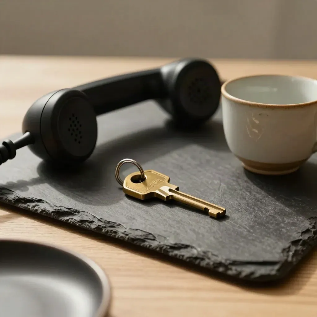 Black handset, brass key and ivory cup on a slate tray, lit softly from the side.