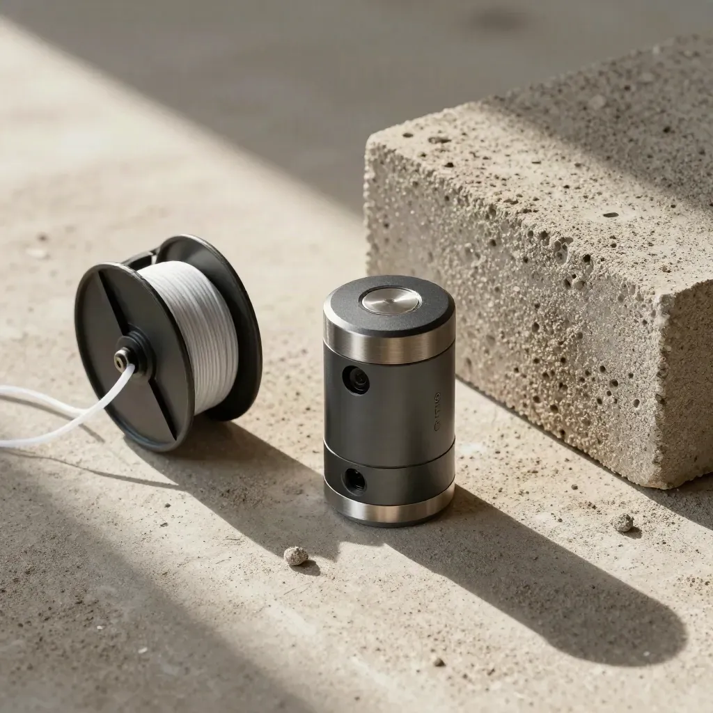Overhead survey tools on concrete: laser scanner head, chalk reel and masonry test block.