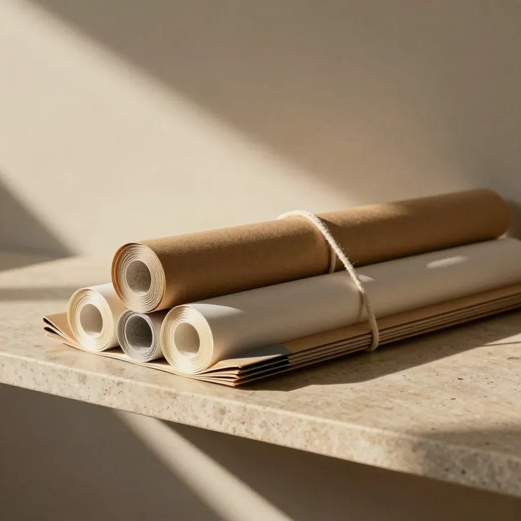 Tracing paper tubes and kraft sleeves stacked on a stone shelf beside clipped chipboard tabs.