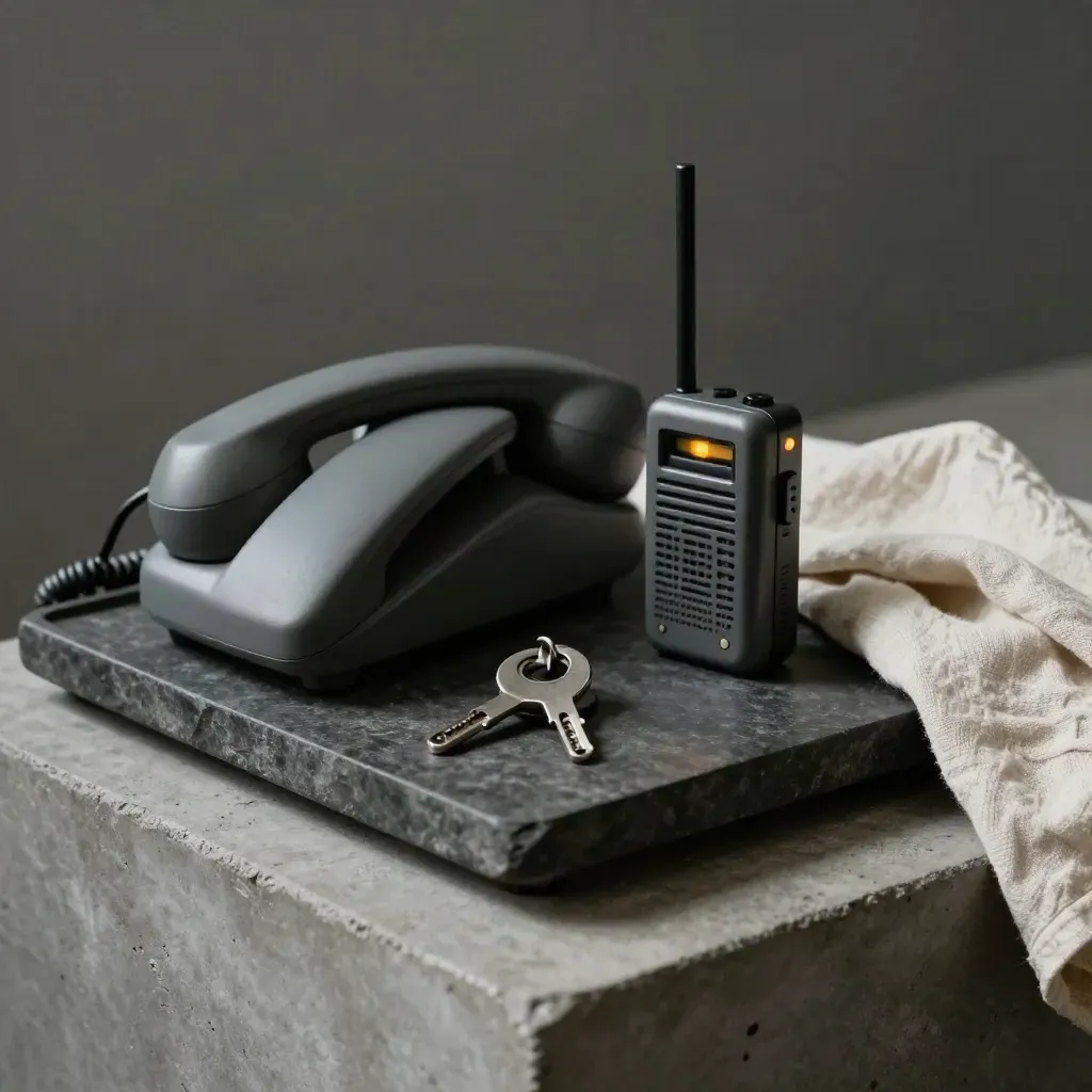 Stone tray with phone, keys, radio and linen cloth on a concrete plinth