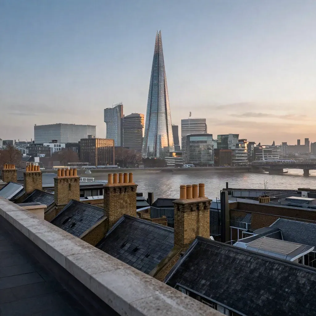 The Shard over South Bank rooftops and the Thames in blue dusk haze.