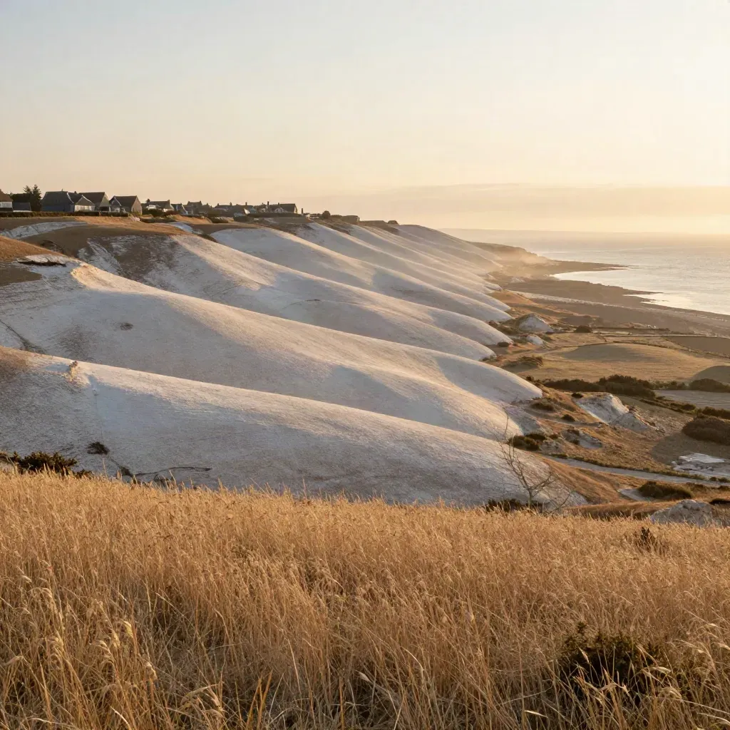 Golden South East England chalk downs with flint roofs above a calm hazy coastal plain.