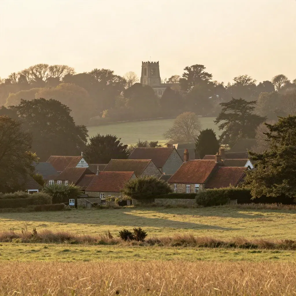 Beech woodland, clay roofs and a church tower above calm misty Home Counties fields