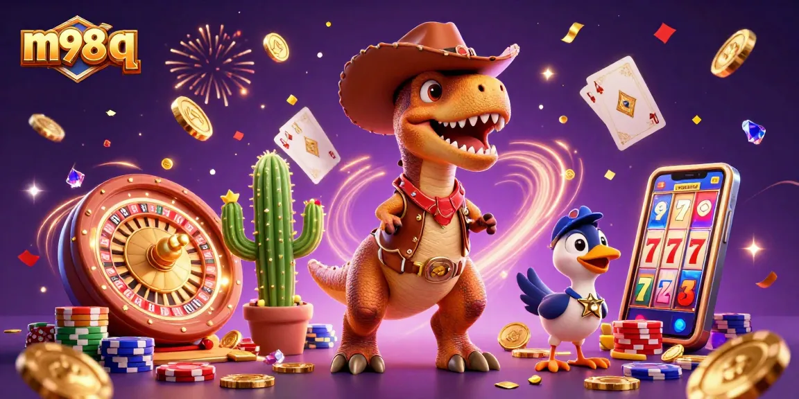 Spin and win with m98 q in a vibrant casino adventure featuring a dinosaur and friends.