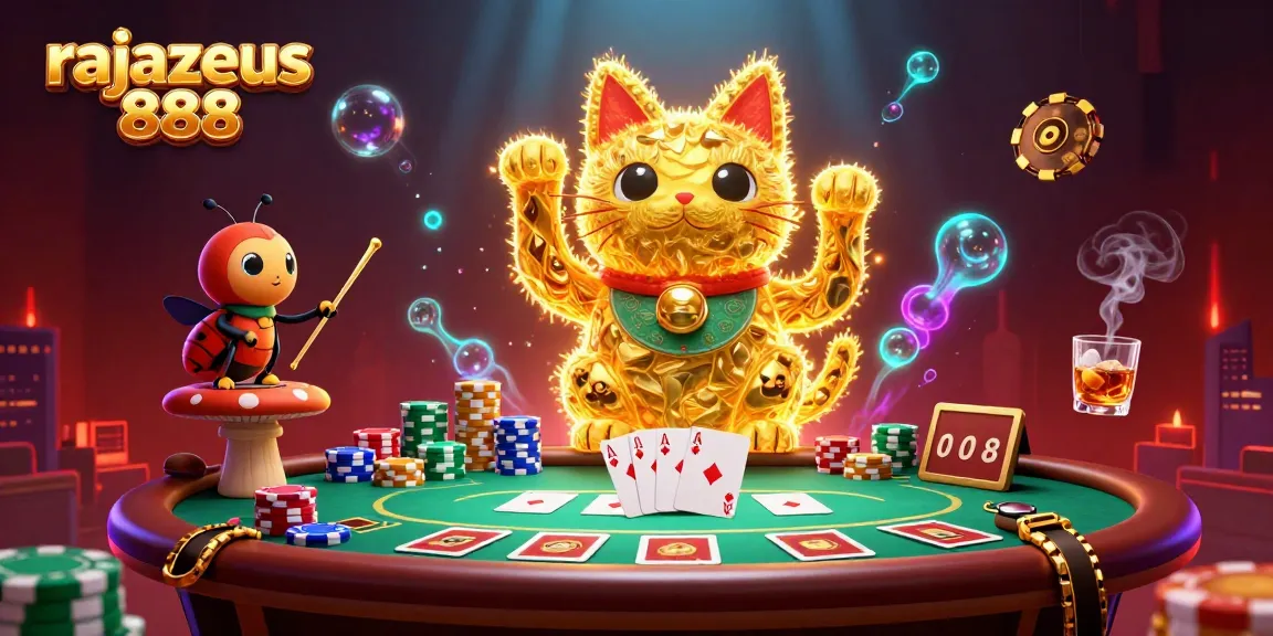 Experience thrilling gameplay at rajazeus 888 with dynamic casino symbols and a lucky cat, embodying excitement.