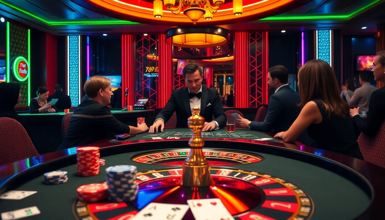 A thrilling scene of players engaging with the 77Bet casino experience at a vibrant gaming table, full of excitement.