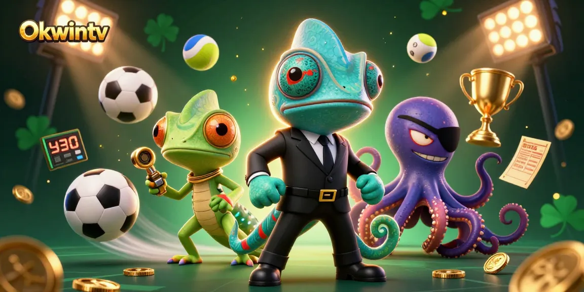 Experience the excitement of Okwintv with a dynamic illustration featuring sports elements and characters.