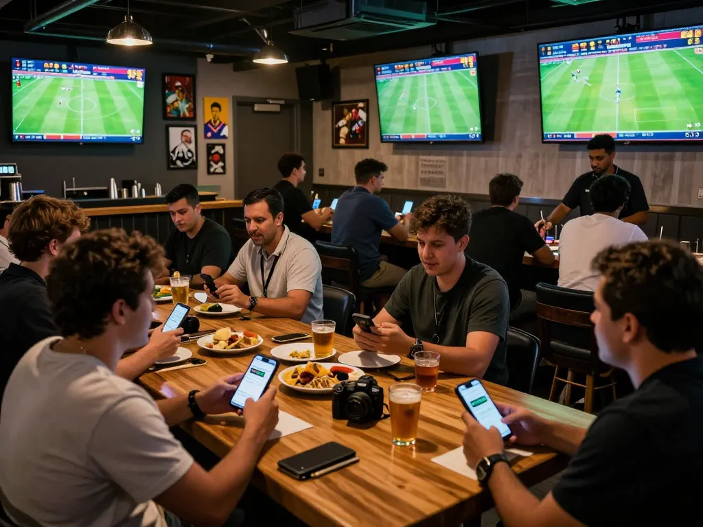 Betting for soccer picks in a lively sports bar setting with engaged fans watching matches.