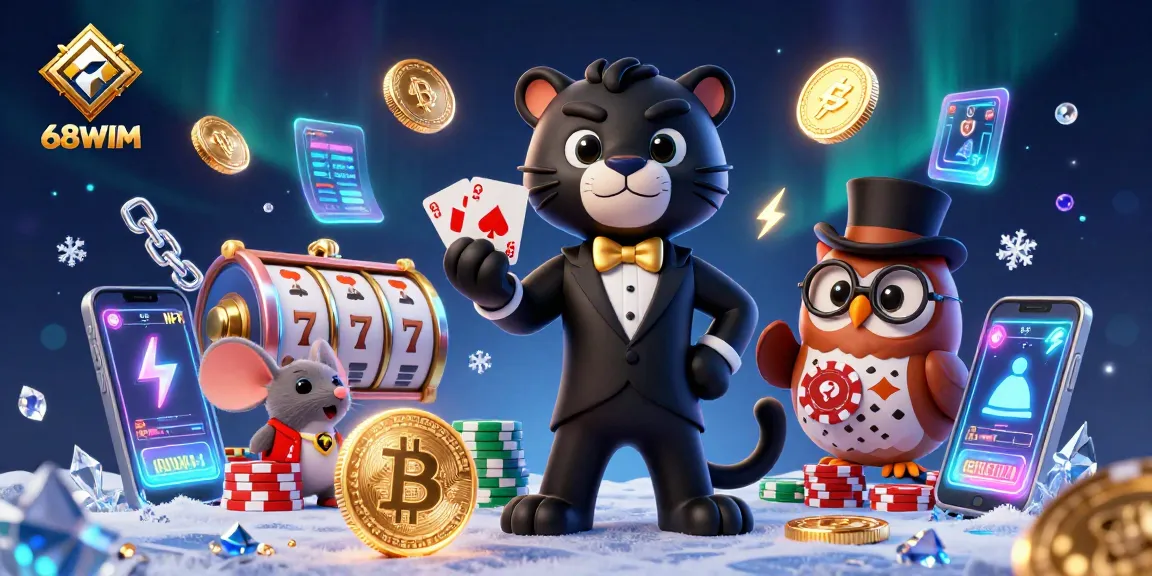 Play exciting games at 68WIM Casino with stylish characters, Bitcoin coins, and vibrant slots.