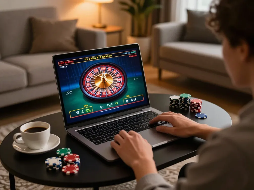 Kuwin user enjoying live dealer roulette game on a cozy laptop setup in a modern living room