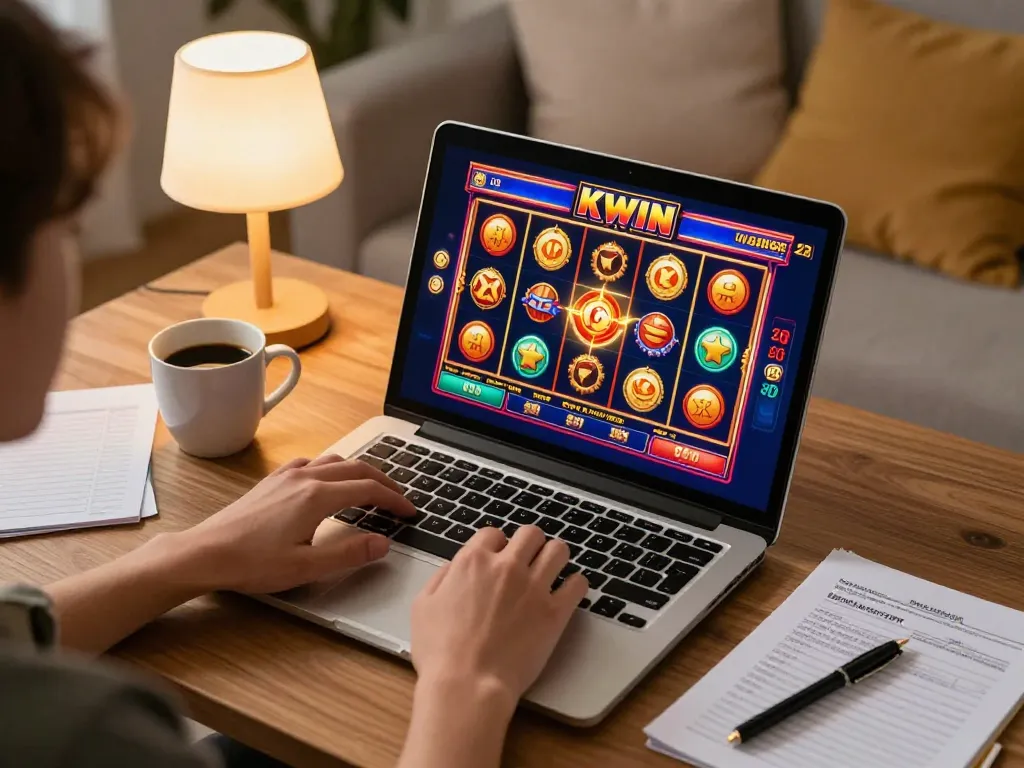 Kwin casino gaming scene showing a player engaged with an online slot game on a laptop, emphasizing a vibrant at-home atmosphere.