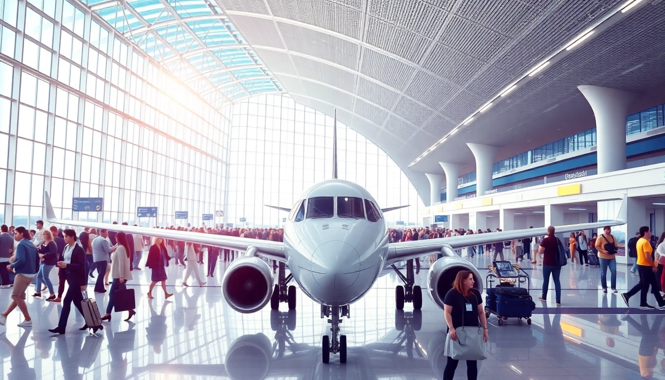 Travelers navigating through a busy City airport terminal with a sleek airplane ready for takeoff.