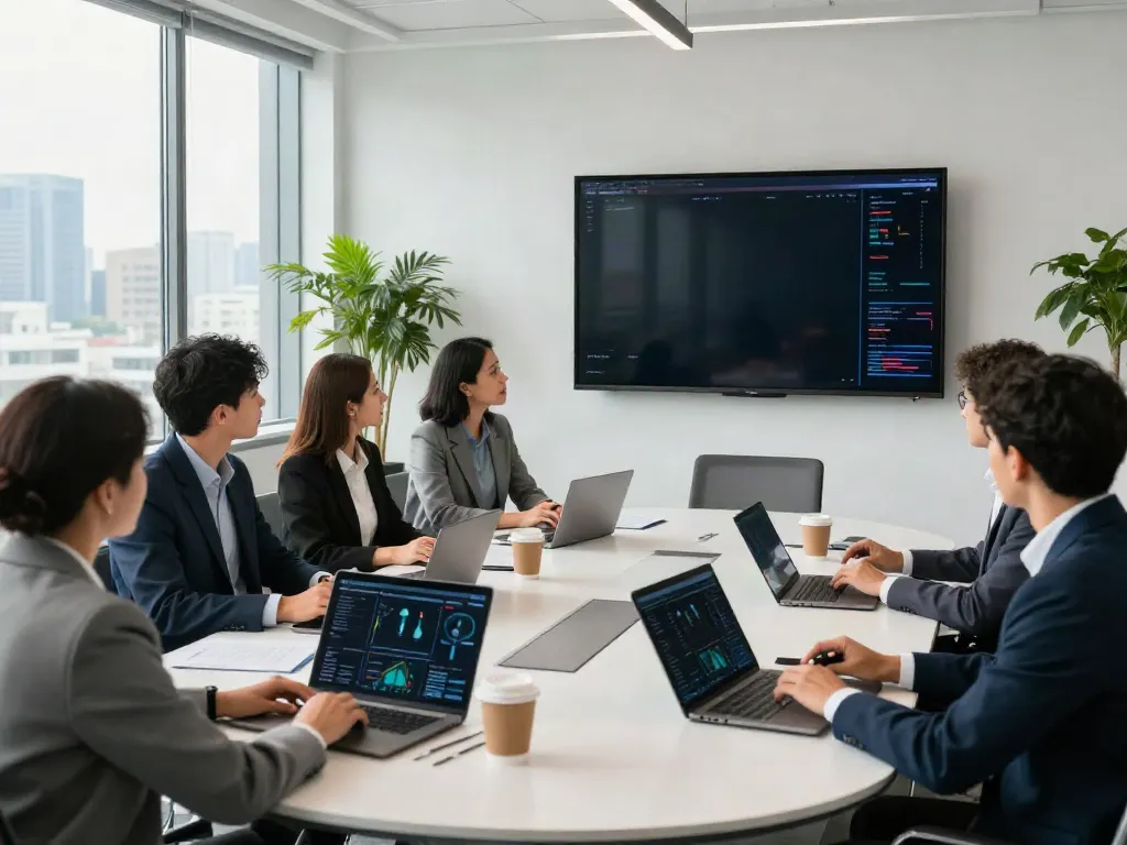 Business team in conference room discussing data analytics while planning strategies, click for more insights.