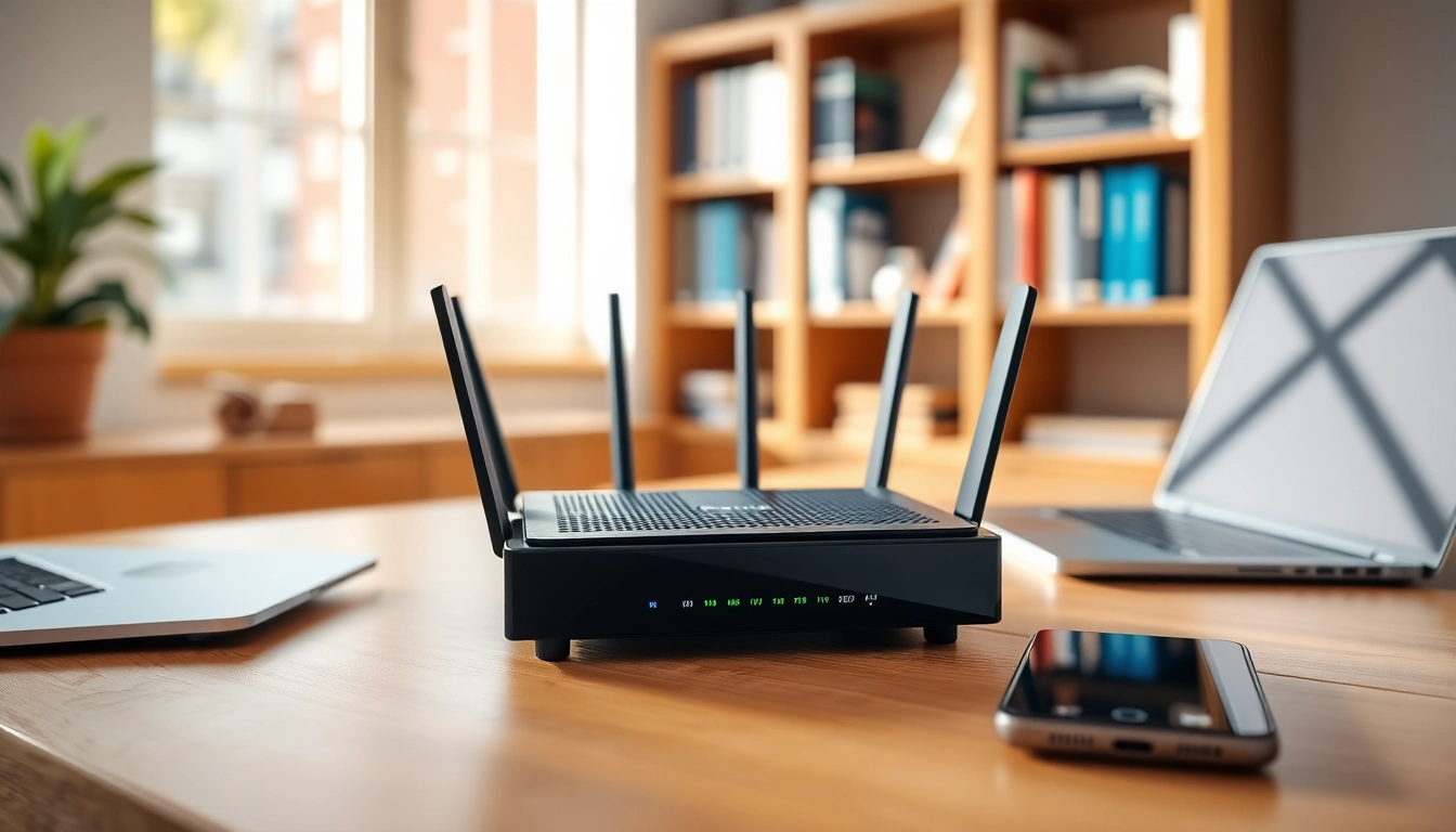 Setup of a vpn router on a desk, showcasing modern technology and home office connectivity.