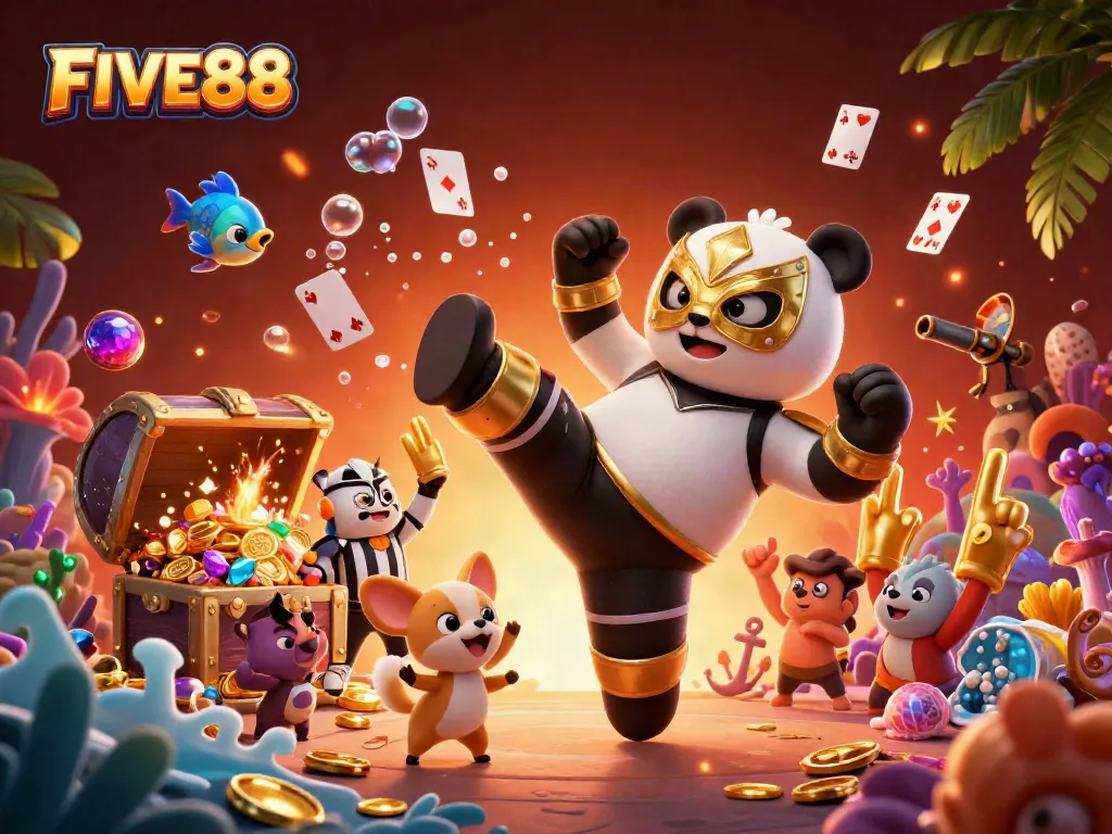 Experience the excitement of FIVE88 with a vibrant wrestling-themed casino illustration featuring animated characters in action.