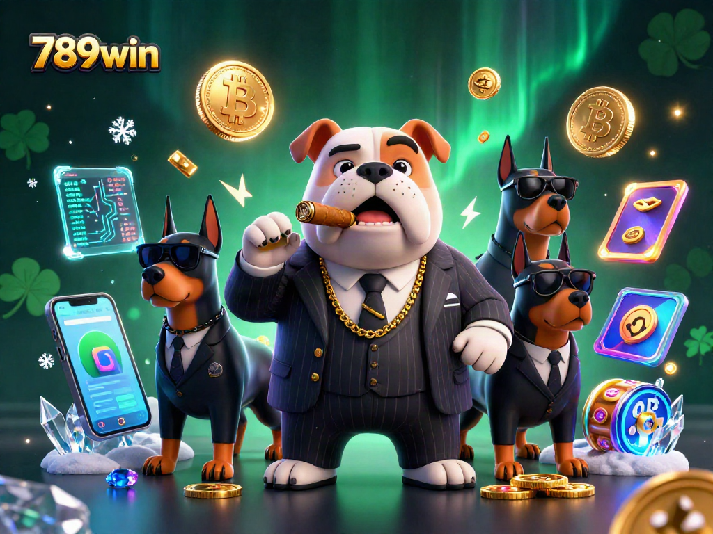 Engage with 789win as mafia boss bulldog and bodyguards celebrate cryptocurrency gaming victory.
