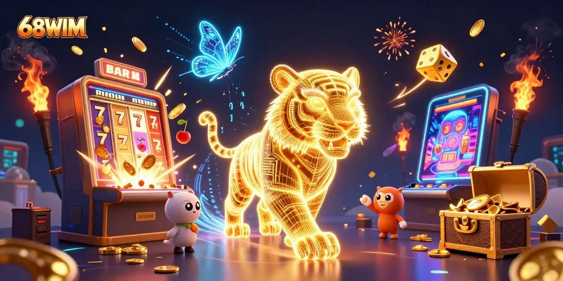 Experience the thrilling action of 68WIM with a dazzling digital casino scene filled with winning symbols and gameplay.