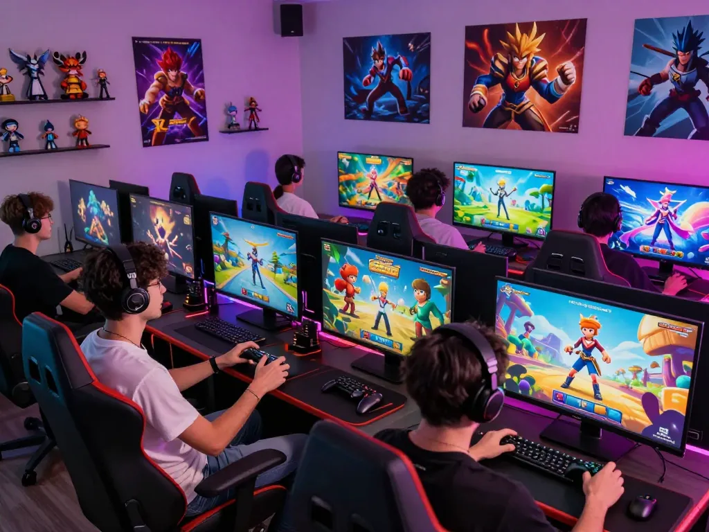 Dynamic gaming scene showcasing players engaged in immersive sex games, vibrant colors, and 3D graphics.
