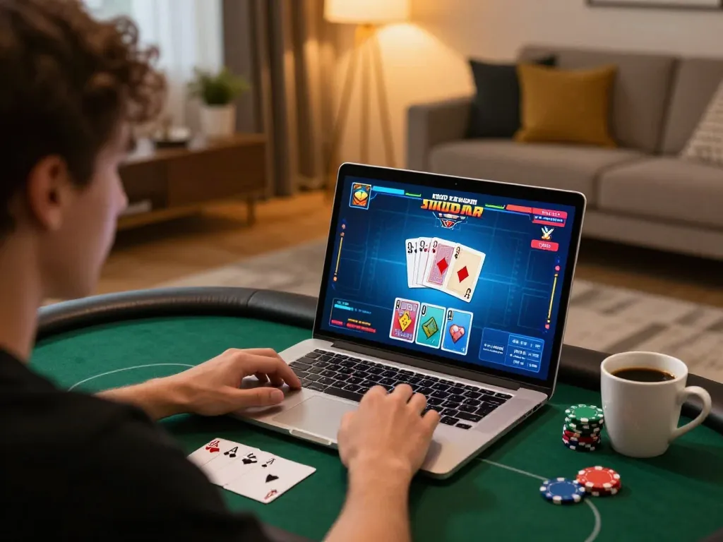 Player engaging in an exciting game of poker on bomwin's online platform, with vibrant interface and cozy atmosphere