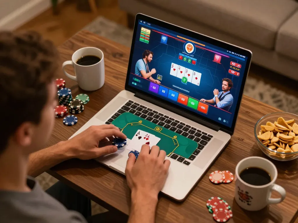Engaged player enjoying a luckywin poker game on laptop at home, showcasing strategic betting.
